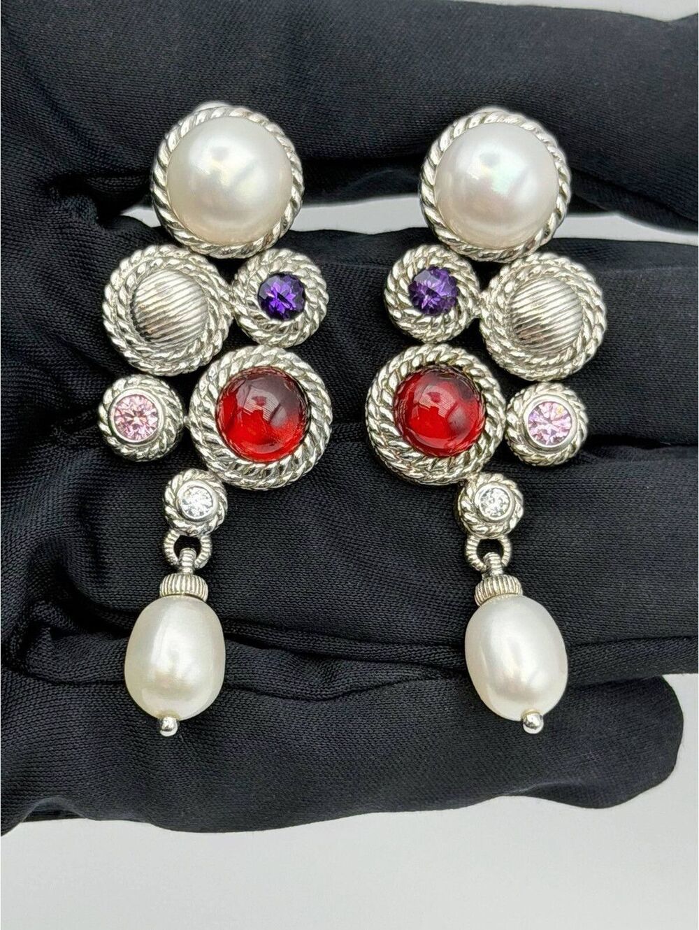 Judith Ripka Thailand Drop Earrings Pearl Amethyst Garnet Sterling Silver CZ